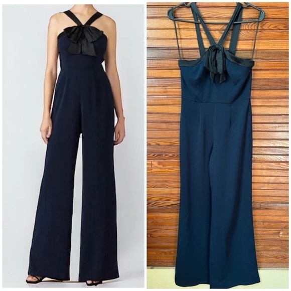 Jay Godfrey Dryden Bow Pleated Jumpsuit Wide Leg Navy Blue Size 2 Black Satin